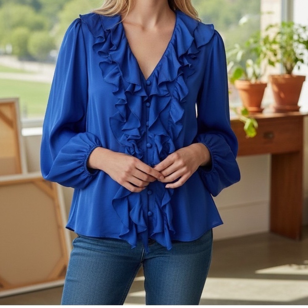 Zara Royal Blue Ruffle Front Blouse